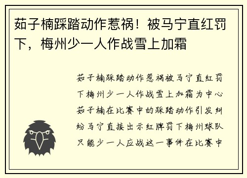 茹子楠踩踏动作惹祸！被马宁直红罚下，梅州少一人作战雪上加霜